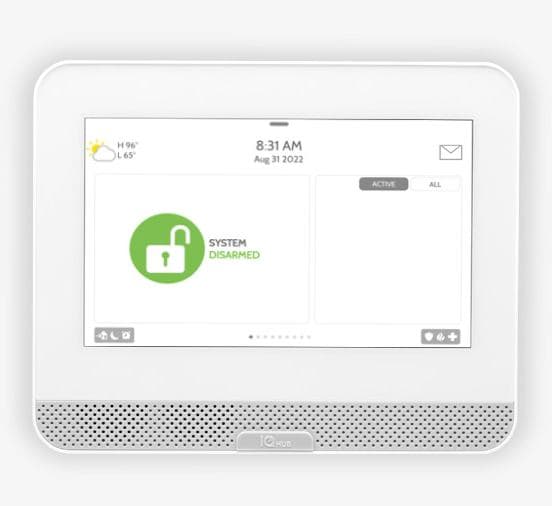 Render oficial Qolsys: panoul de alarmă IQ4 Hub cu ecran tactil de 7 inci, vedere frontală